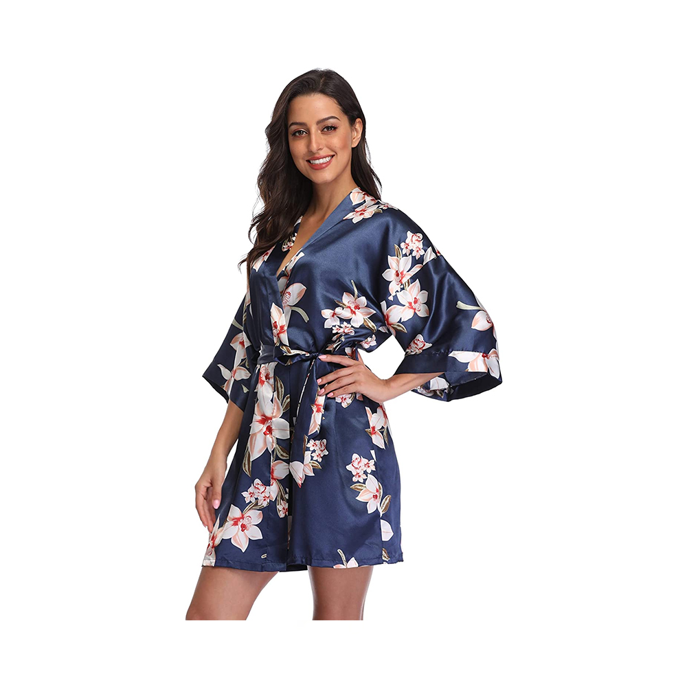 Saten kadın çiçek baskı kısa kimono nedime düğün partisi için kısa saten kimono pijama